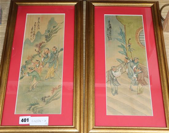 Chinese School, pair of studies on silk, Court scenes with scholars, 35 x 13cm